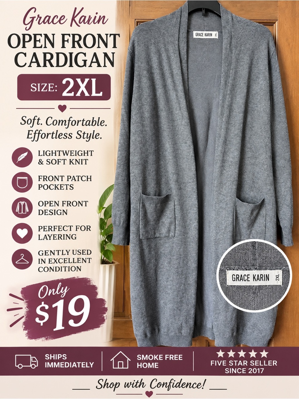 Grace Karin Gray Open-Front Knit Cardigan